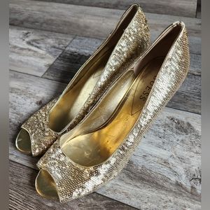 Gold Sequin GUESS peep toe pumps